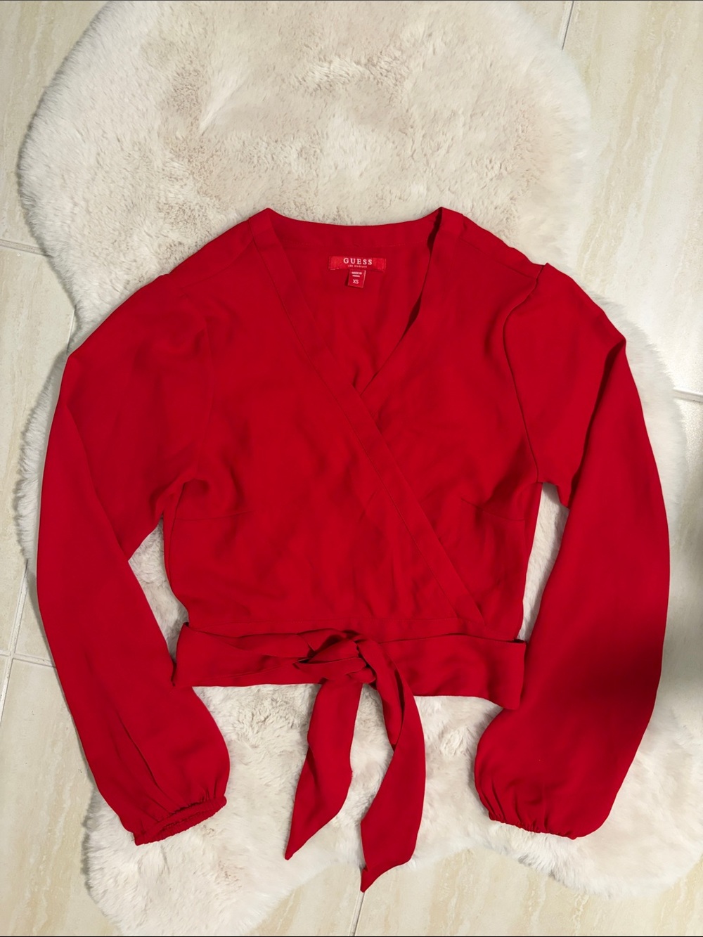 GUESS Red Wrap Tie-Waist Blouse - XS